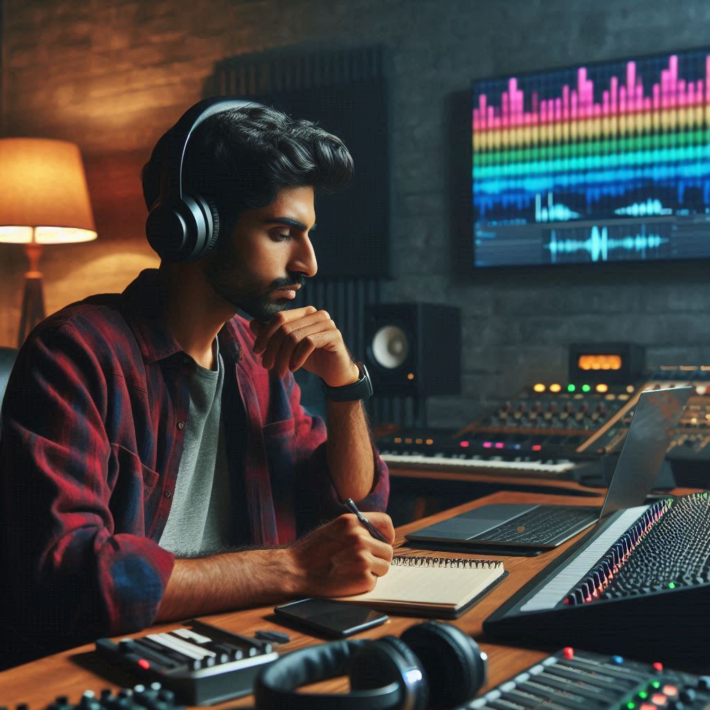 Man in the studio studying music